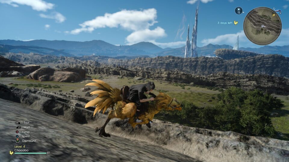 Noctis riding a Chocobo in Final Fantasy XV